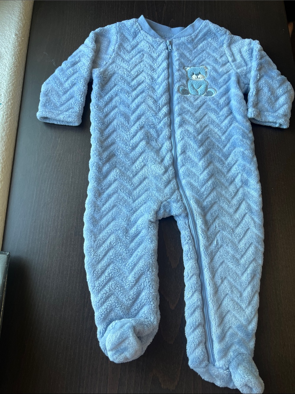 Cozy Blue Plush Baby One-Piece with Bear Embroidery